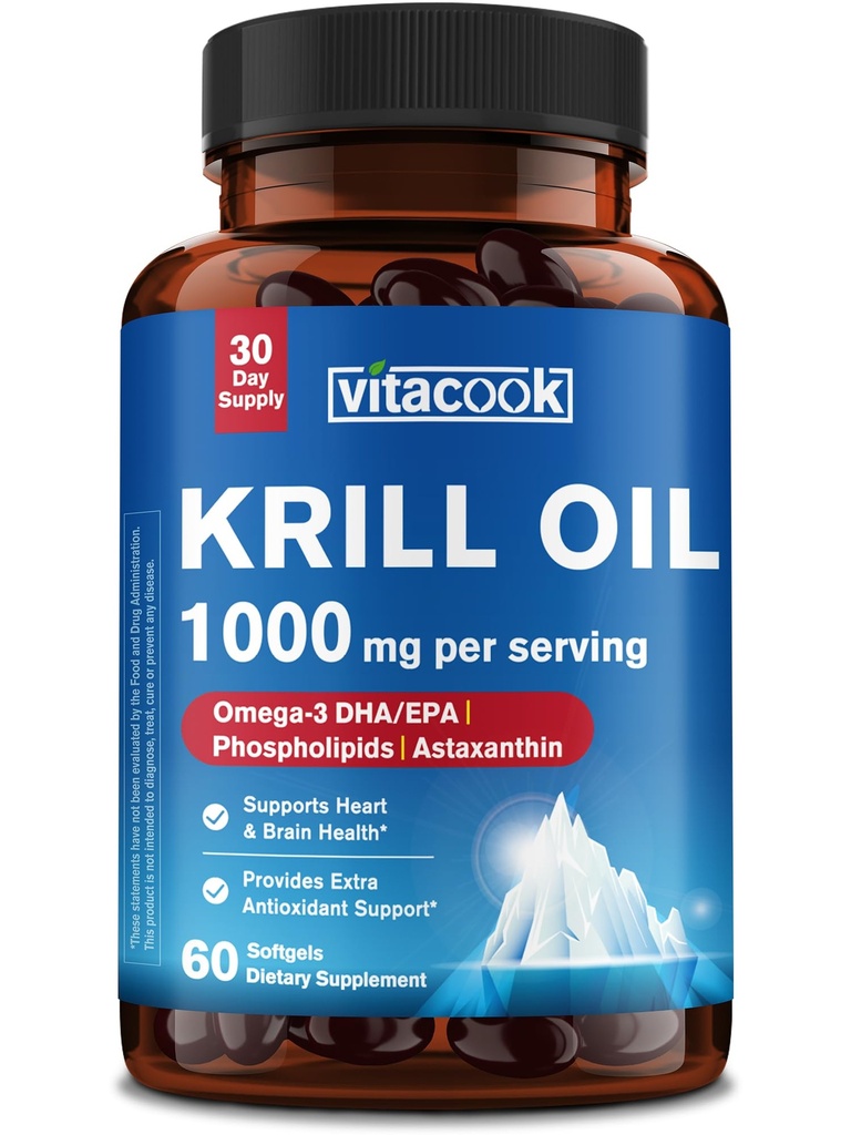 Krill Oil 1000 mg, Omega 3 Fatty Acids, EPA, DHA, Astaxanthin, Phospholipids, Sustainably Sourced, Heart & Brain Health, Antioxidant Support, Non-GMO, 60 Softgels