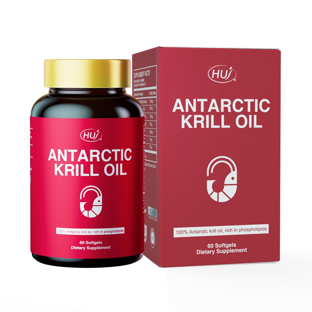 HUJ Antarctic Krill Oil 1000mg with Omega-3s EPA, DHA, Astaxanthin, Phospholipids and Choline - Sustainably Sourced - 60 Softgels