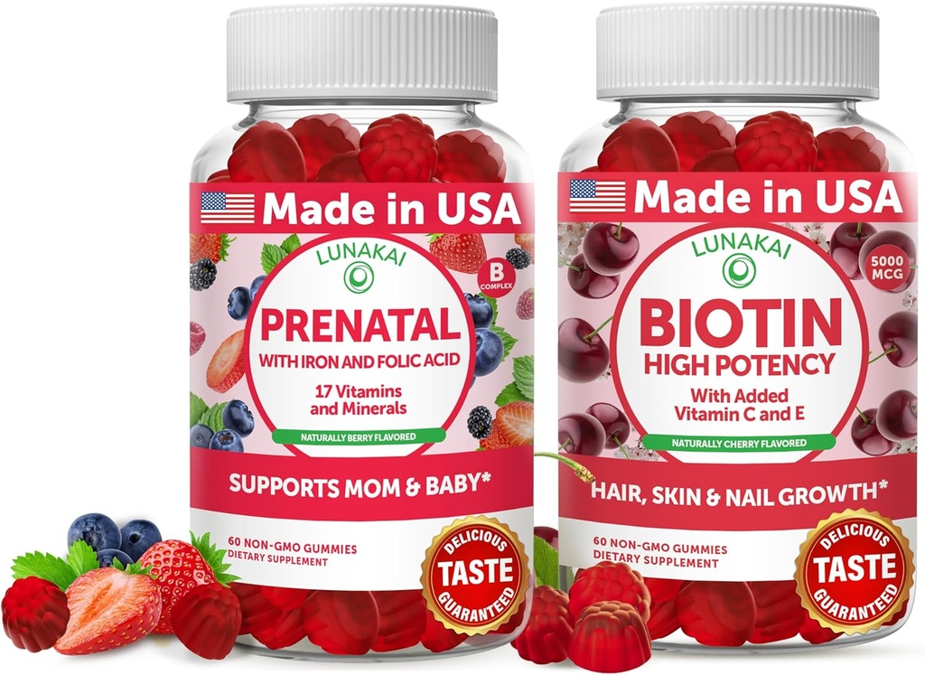 Lunakai Προγεννητική και Biotin Gummies Bundle - Εγκυμοσύνη Πολυβιταμίνη Gummy με σίδηρο & φολικό οξύ - δέρμα μαλλιών και νύχια συμπλήρωμα ανάπτυξης με βιταμίνη C και Ε - 30 ημέρες προσφοράς