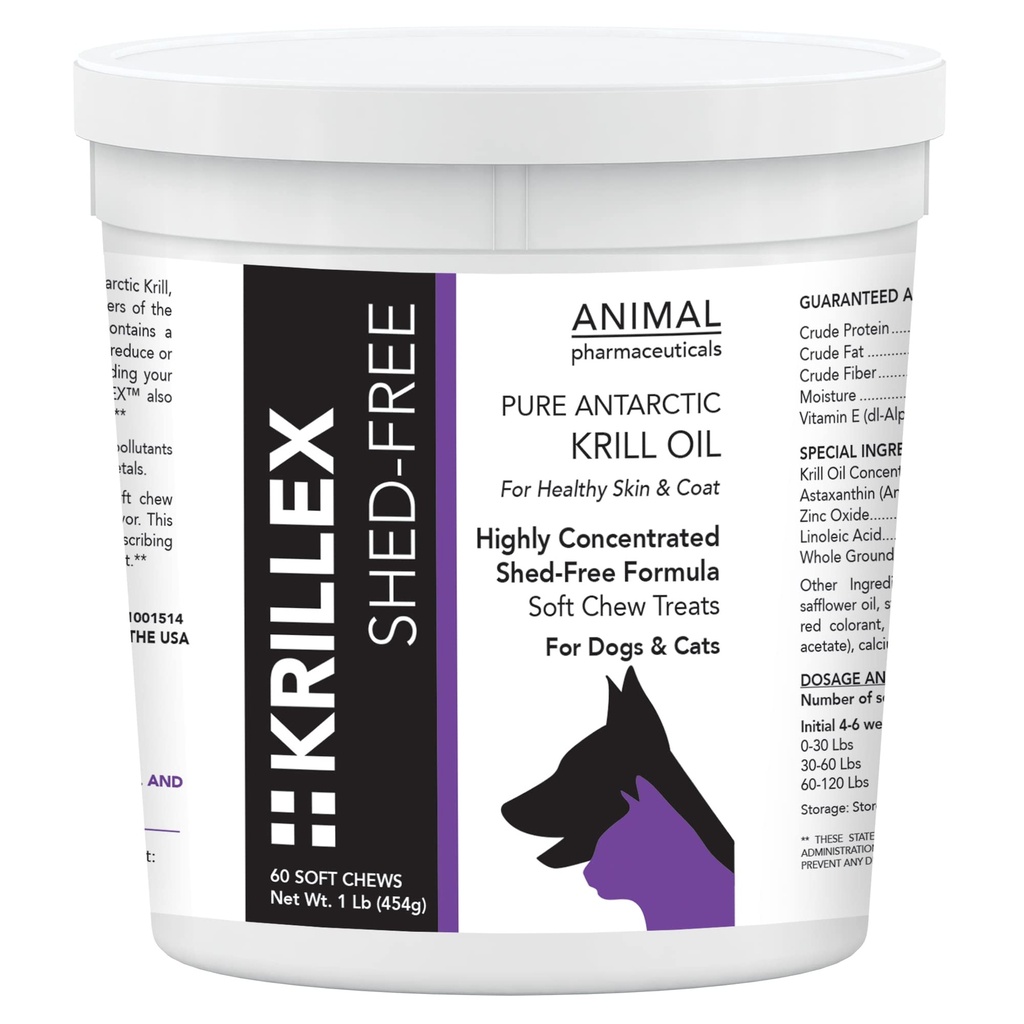 Krillex Shed-Free Chews - Shedding Support Krill Oil for Dogs & Cats - Skin and Coat Omega 3 Supplement for Dogs - 60 ct