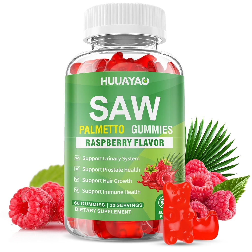 Saw Palmetto Gummies Saw Palmetto Supplement with Pumpkin Seed Oil, Biotin, Prostate Health Supplements for Men, Advanced DHT Blocker, Hair & Urinary Health Support, Raspberry Flavor, 60 Counts