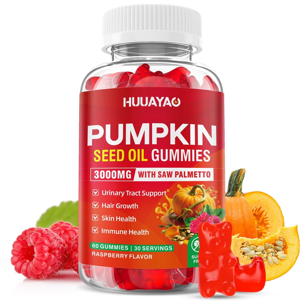 Pumpkin Seed Oil Gummies 3000MG, Organic Pumpkin Seed Oil with Saw Palmetto Supports Hair, Skin & Prostate Health High-Purity Extract for Women & Men, Raspberry Flavor, 60 Count