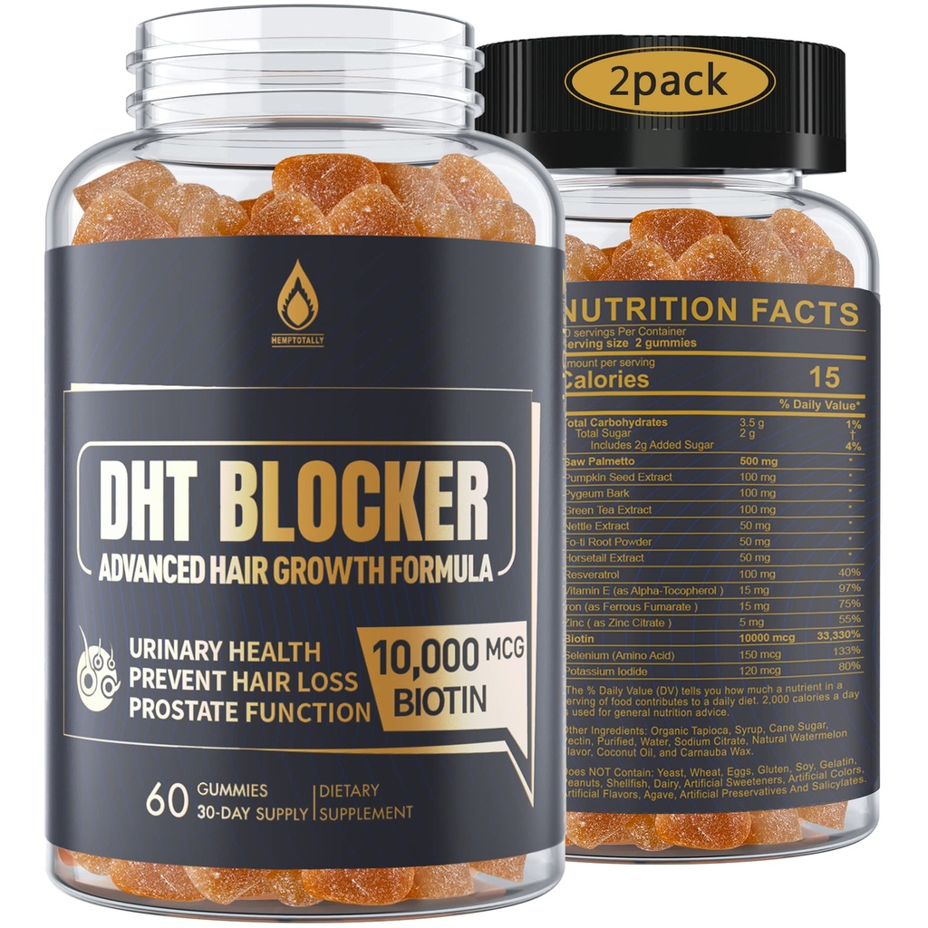 DHT Blocker Gummies Hair Growth Supplement, Super Potency Saw Palmetto & Biotin 10000 mcg for Women & Men, Plus 12 Proprietary Blend - Prevent Hair Loss, Blocking DHT Receptors, 2Pc/120ct