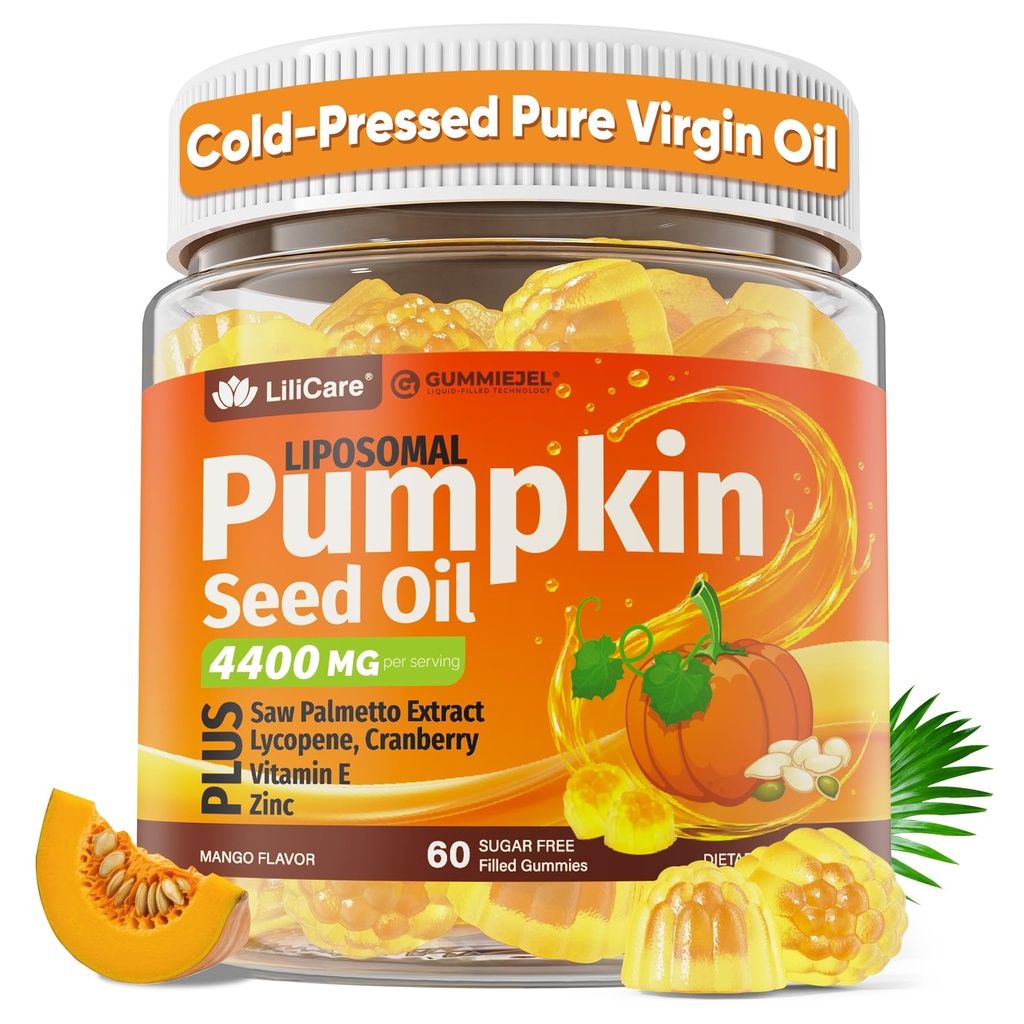 Pumpkin Seed Oil Gummies 4400mg with Saw Palmetto, Cranberry, Lycopene, Vitamin E, Zinc, Cold Pressed, Pure Virgin Pumpkin Seed Oil for Hair Growth, Skin, Urinary, Bladder & Prostate Health, 60 Count