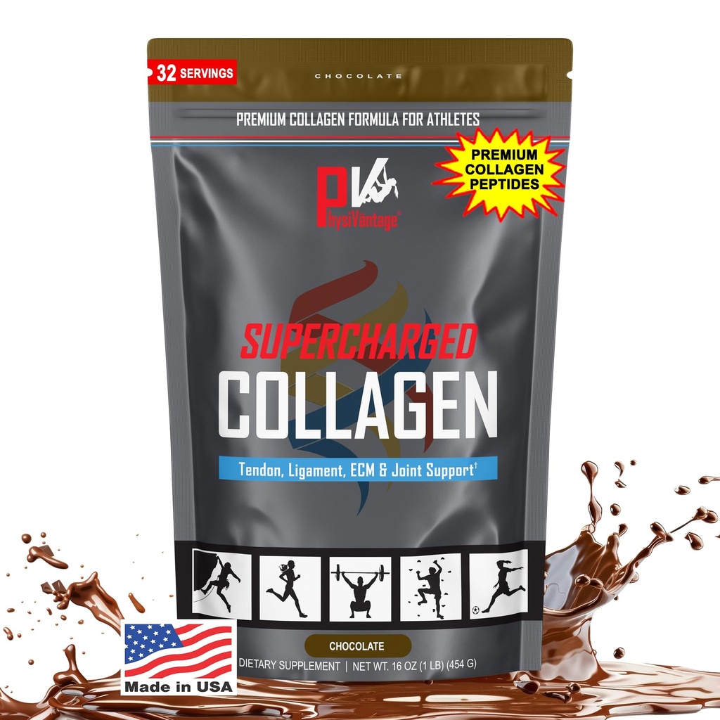 PhysiVantage Supercharged Collagen Peptides Powder - Hydrolyzed Collagen for Joint, Tendon, Ligament, & Skin Health Support - Chocolate, Keto, Paleo, 16oz | Enhanced with Vitamin C, BCAAs, Grass-Fed