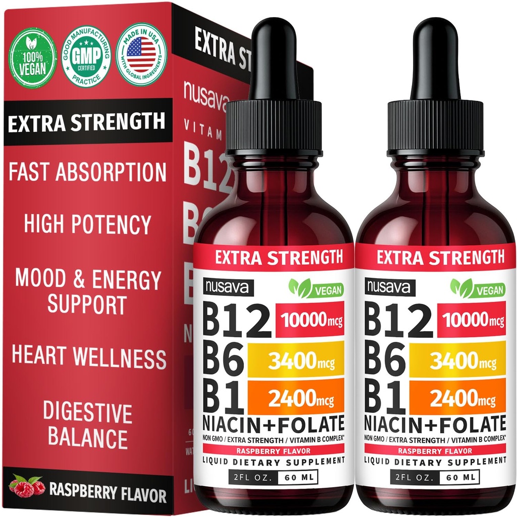 (2 Pack) Extra Strength Liquid Vitamin B12 Sublingual Vitamin B Complex - B12 Drops 10000mcg - Methylcobalamin for Energy, Brain, and Heart Support, Raspberry Flavor, 2 floz, 80 Servings, Pack of 2