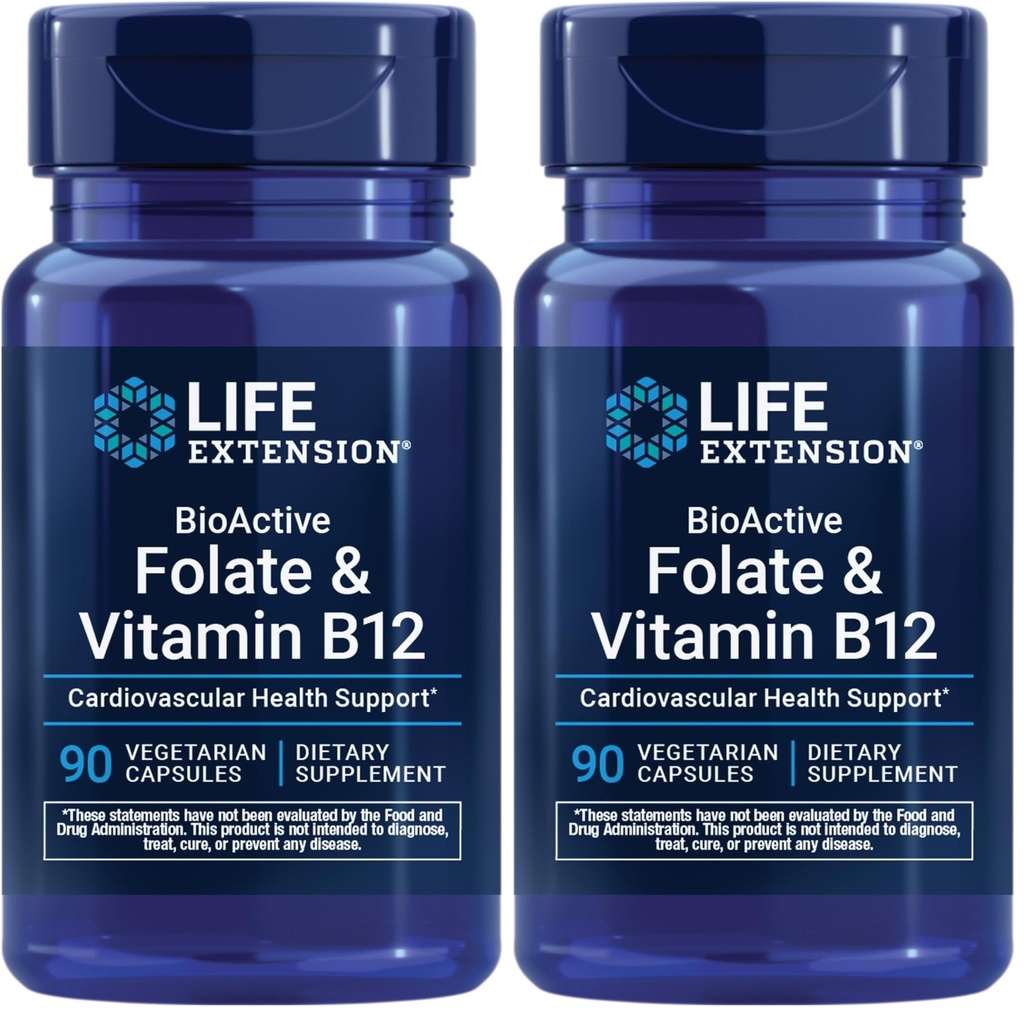 Life Extension BioActive Folate & Vitamin B12,Promotes Heart,Brain & GI Tract Health,Non-GMO,Gluten-Free,Vegetarian,90 Capsules,(Pack of 2)
