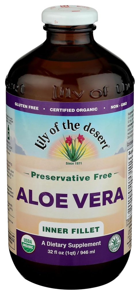 Lily Of The Desert Aloe Vera Juice - Inner Fillet Aloe Vera Drink, Organic Aloe Juice with Natural Vitamins, Digestive Enzymes for Gut Health, Stomach Relief, Wellness, Glowing Skin, 32 Fl Oz