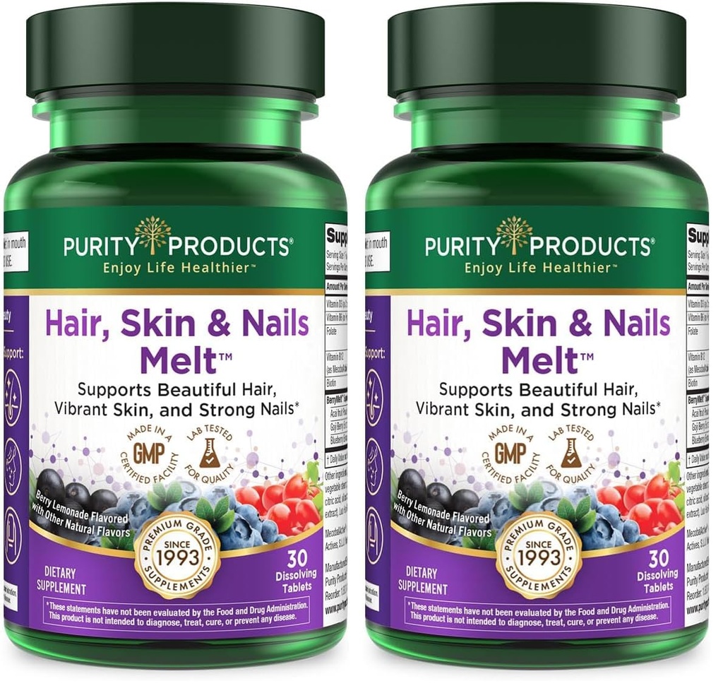 Purity Products Hair, Skin + Nails Melt 1000mcg B-12 + 2500mcg Biotin Energy Berry Melt - Delicious Berry Lemonade Flavor w/Super Fruits - B12 Methylcobalamin - 30 Melting Tablets (Pack of 2)