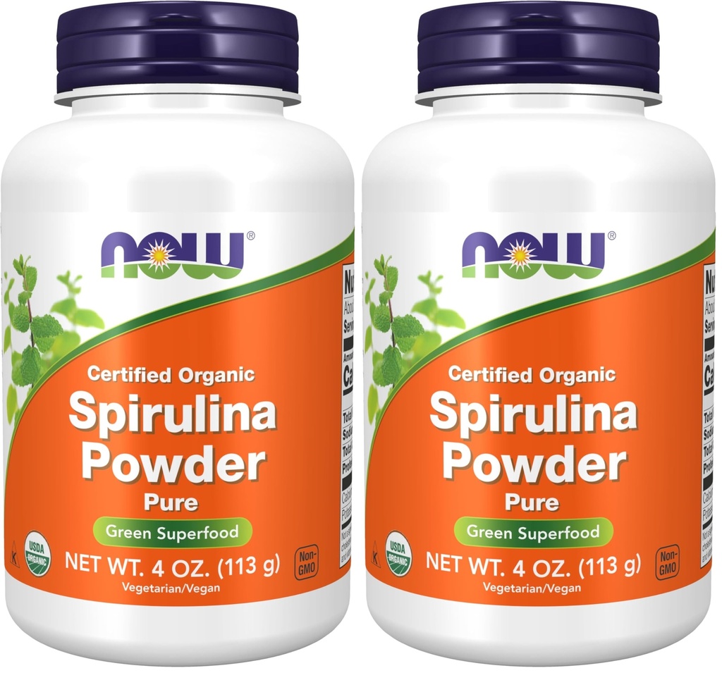 NOW Supplements, Certified Organic, Spirulina Powder, Rich in Beta-Carotene (Vitamin A) and B-12 with Naturally Occurring GLA & Chlorophyll, 4-Ounce (Pack of 2)