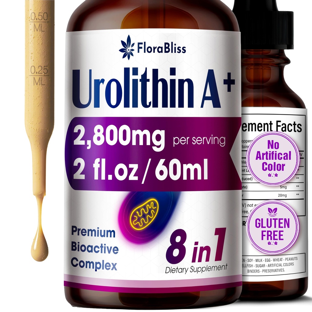 FloraBliss Urolithin A Supplement 2800 mg Liquid Drops | with Trans-Resveratrol, Collagen Peptides, Pomegranate Extract, Hyaluronic Acid, Vitamin E & C | 60ml |30-Day Supply
