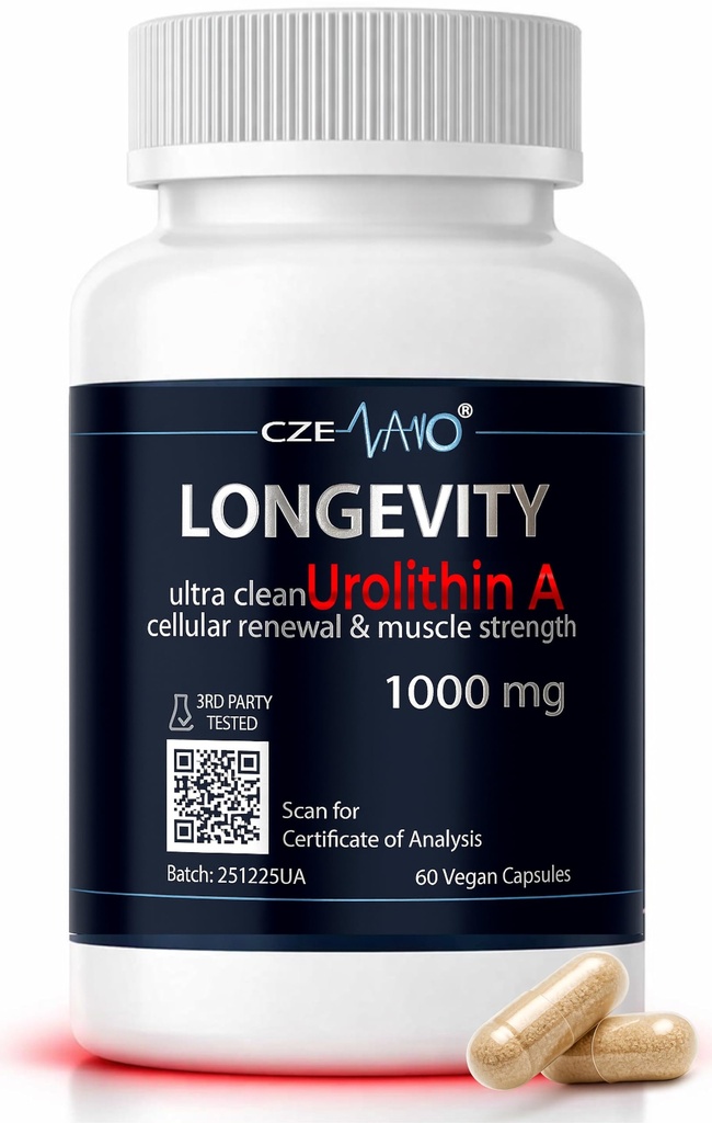 Urolithin A 1000 mg – 60 Vegan Capsules | 99%+ Pure Urolithin A Supplement | Third‑Party Tested | COA Available | Cellular Energy & Mitochondrial Support.