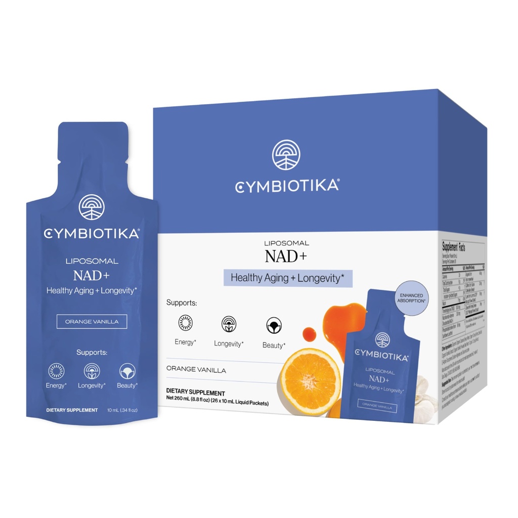 CYMBIOTIKA Liposomal NAD+ Supplement, Cellular Energy, Healthy Aging, Skin Health, Lutemax, Enhanced Absorption, Gluten Free, Soy Free, Plant-Based, 26 x 10 mL Liquid Packets