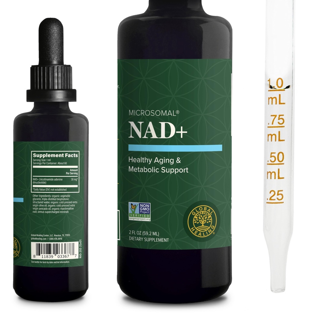 Global Healing Premium NAD+ Liquid Supplement - Sublingual NAD Drops - Liposomal NAD Plus Serum for Cellular Renewal - Nicotinamide Riboside Formula for Men & Women (2 Oz)