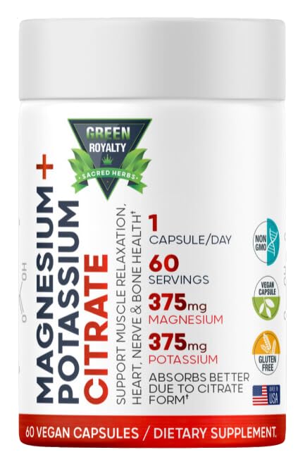 Κιτρικό μαγνήσιο + Κάλιο 60 Premium Κάψουλες Vegan (Citrate 375 mg) + (375 mg Κάλιο) Μη ΓΤΟ, Χωρίς Γλουτένη - Συμπλήρωμα Υψηλής Απορρόφησης Made in USA