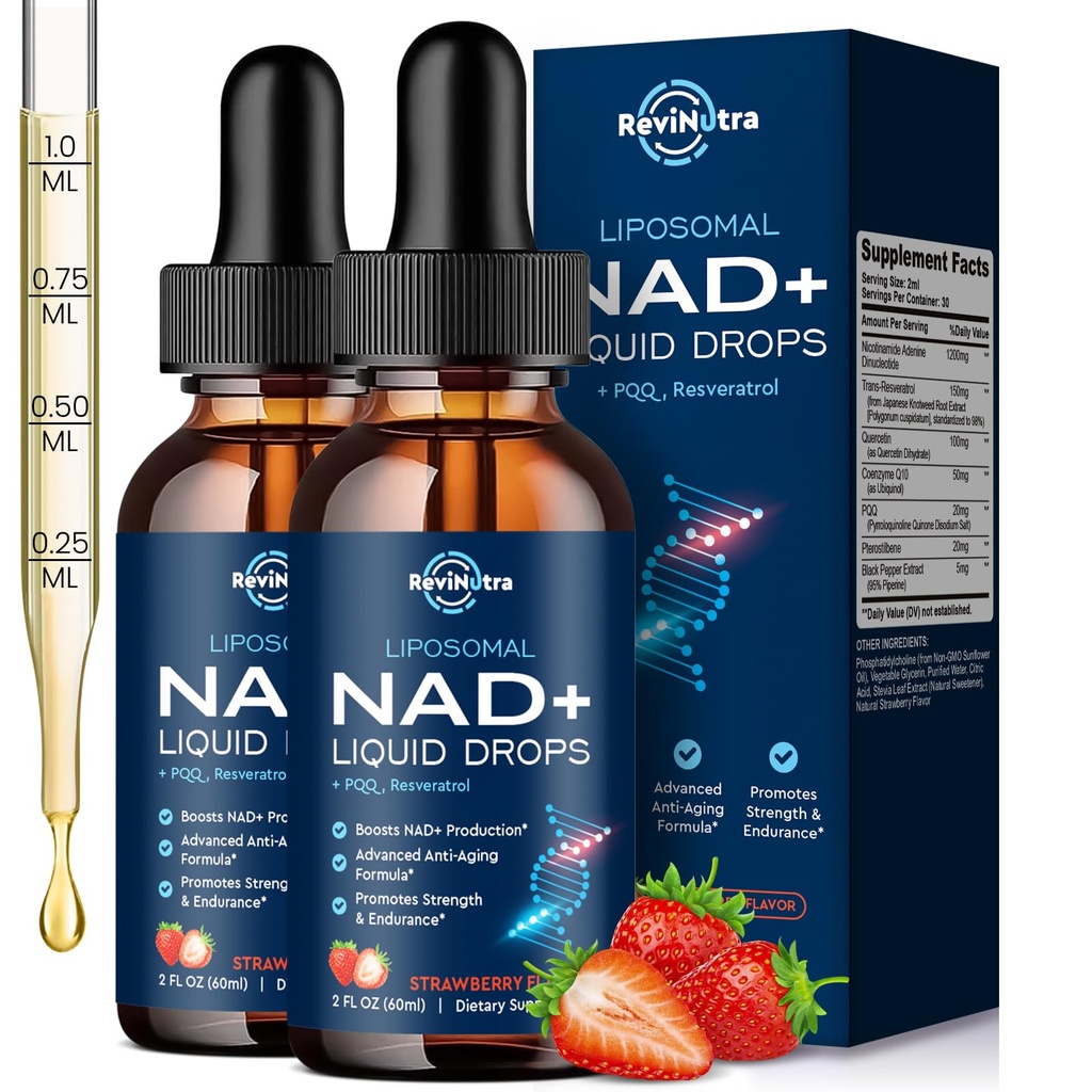 Liposomal NAD Supplement - 1200mg NAD+ Liquid Drops for Women & Men, Nicotinamide with Resveratrol, PQQ, CoQ10, Quercetin for Anti-Aging, Brain & Cellular Mitochondrial, Strawberry 4 Fl Oz