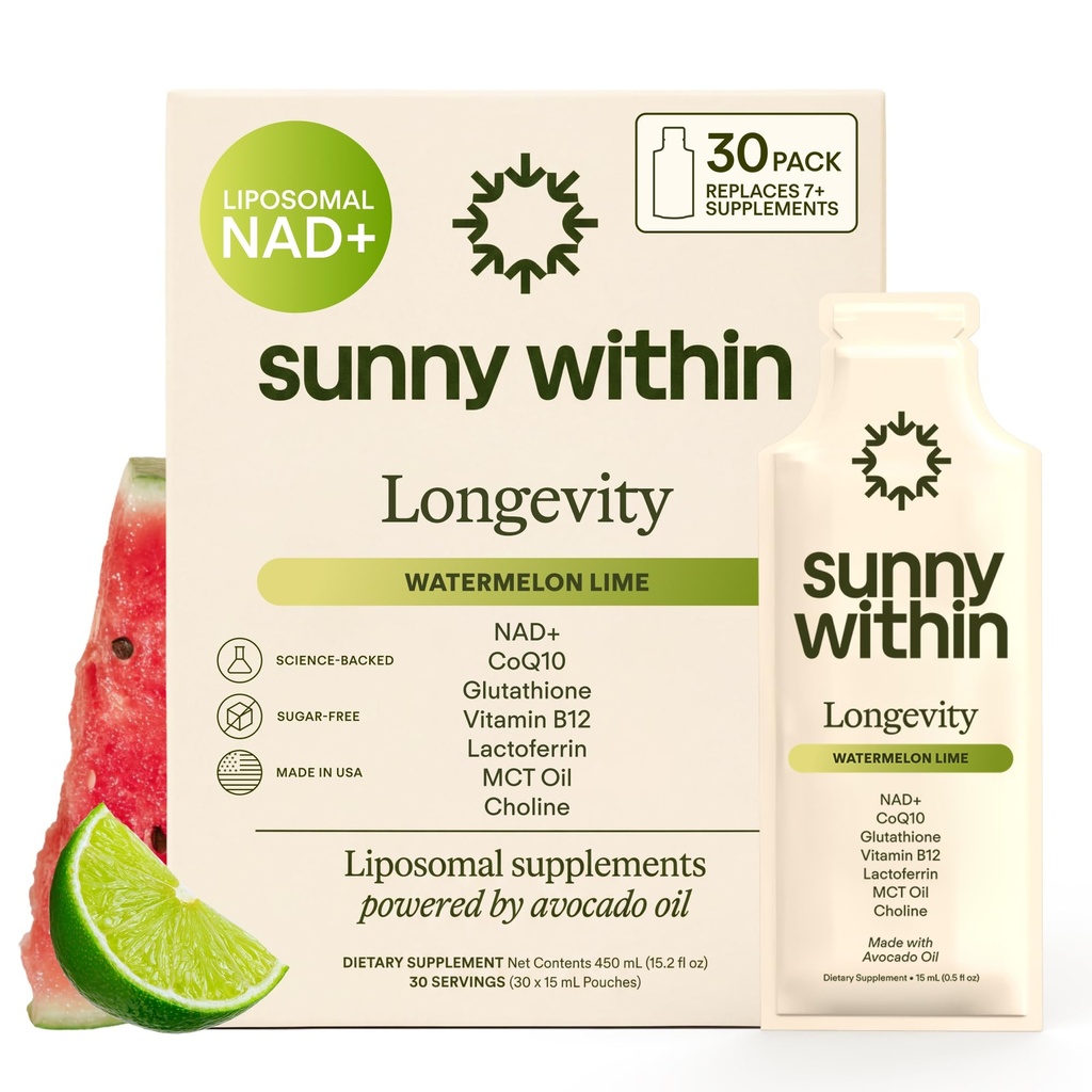 Liposomal Glutathione Supplement NAD+ Longevity Mix w/Liquid NAD+, CoQ10, B12, MCT & Avocado Oil – Cellular Health, Energy, Brain, Gut & Heart Support* – Watermelon Lime – 30 Pouches