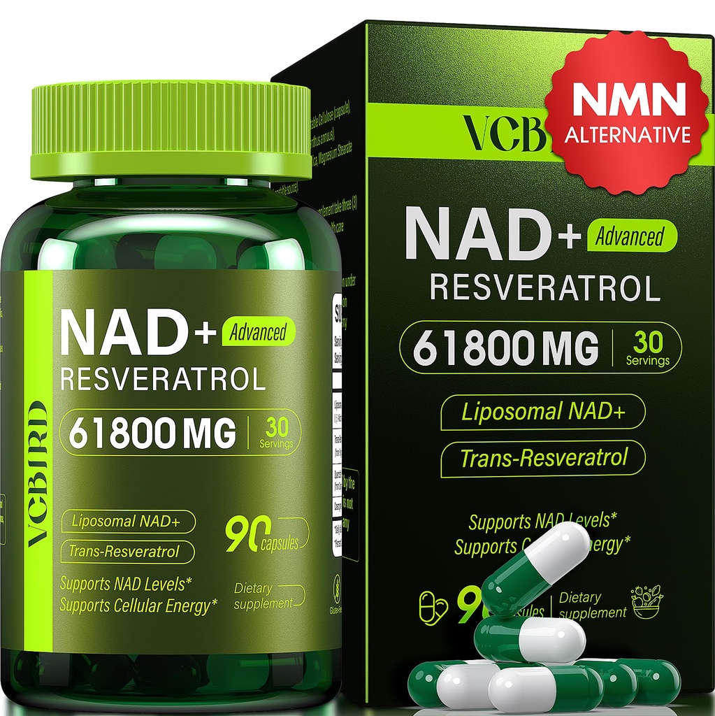 Nad Resveratrol Supplement 61800mg Per Bottle – Liposomal Nad+ Resveratrol for Women & Men – High Purity 1200mg Nad+ Supplement for Energy & Healthy Aging, Resveratrol, Quercetin, CoQ10 – 90 Counts