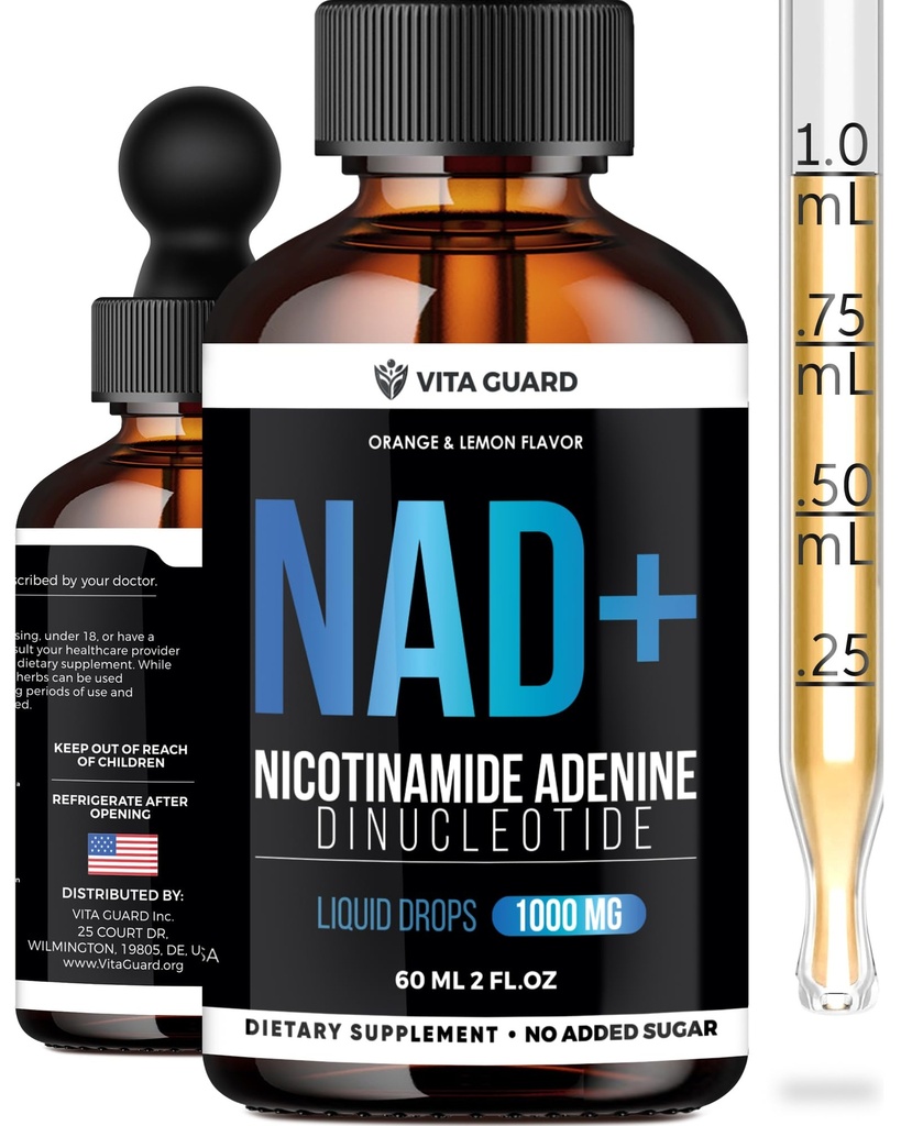 Vita Guard Pure NAD+ Supplements 1000mg Liquid Drops for Women & man | Nicotinamide Adenine Similar to Nicotinamide Riboside NAD Plus Boosting Supplement - Natural Lemon & Orange Flavor