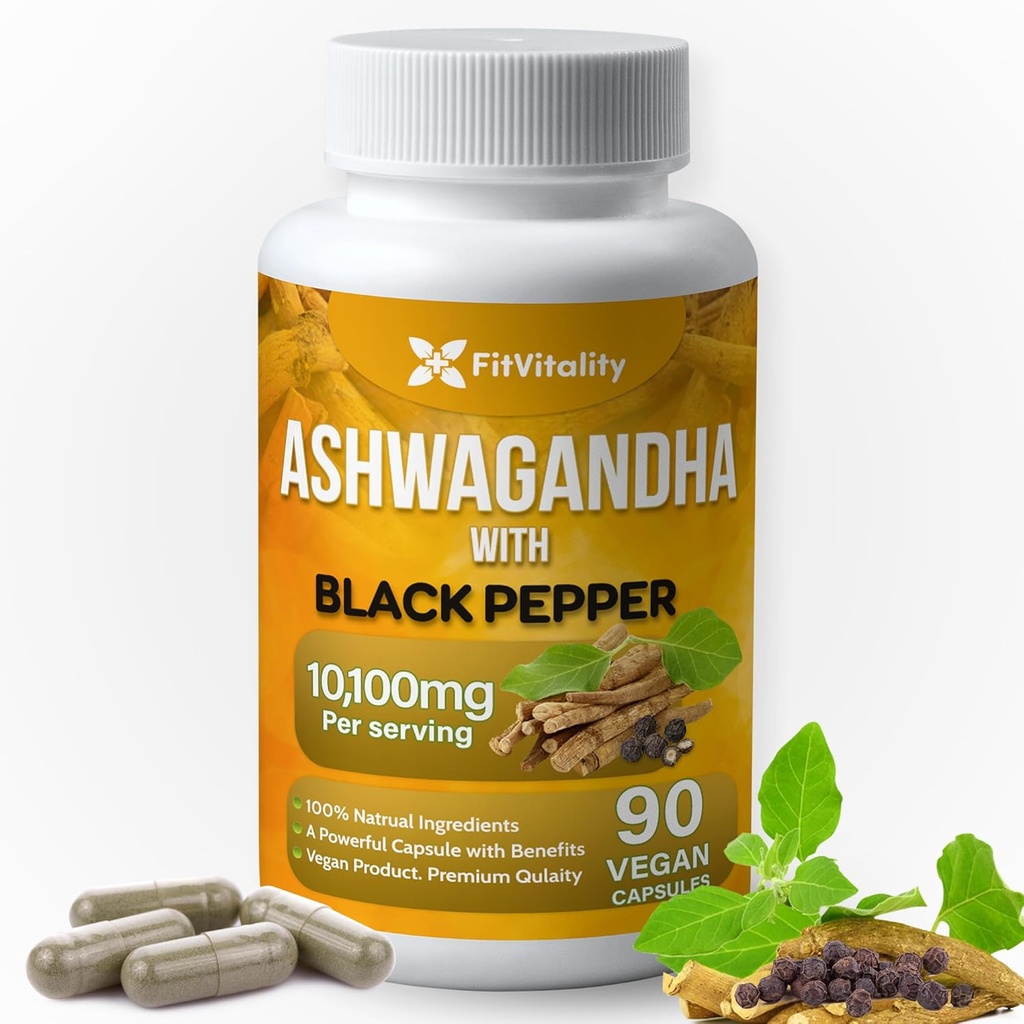 Κάψουλες Ashwagandha, 90 κάψουλες Vegan, 10,100 Mg ανά καψάκιο – 100% Φυσικό εκχύλισμα ρίζας Ashwagandha σκόνη και εκχύλισμα μαύρου πιπεριού, μη GMO, χωρίς γλουτένη