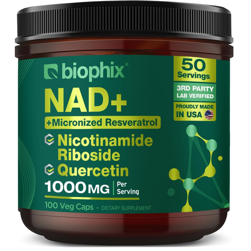 biophix NAD+ Liposomal Supplement for Women & Men - 1000 mg per Serving - Nicotinamide Riboside, Micronized Resveratrol & Quercetin Complex - 100 Veg Capsules - Non-GMO, Gluten-Free, cGMP Certified