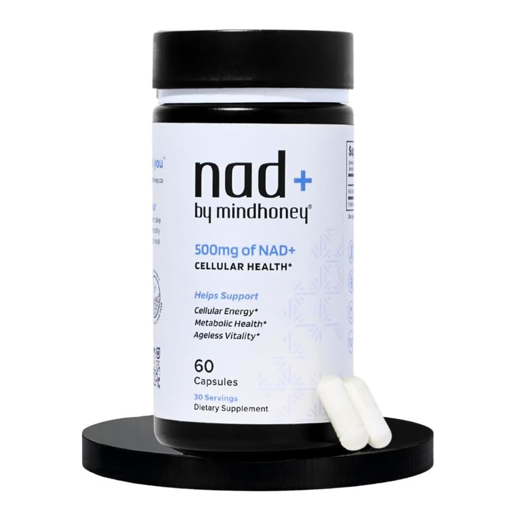 MINDHONEY | NAD+ Brain Supplement | 500mg NAD+ Premium Formula | Healthy Anti-Aging, Cellular Energy, Cognition, Metabolic Health, Heart + Muscle Support | Vegan, Non-GMO, Gluten-Free | 30 Servings