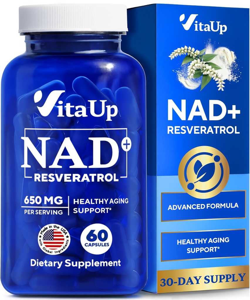 VitaUp NAD+ Resveratrol Supplement - USA Made Trans Resveratrol NAD Supplement 650mg - Nicotinamide Adenine Dinucleotide Capsules for Healthy Aging, Energy & Focus Support - 60 Count
