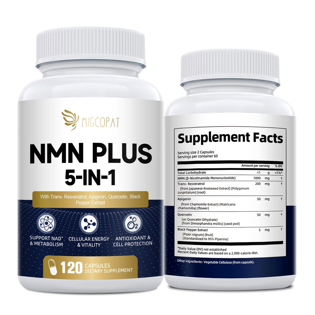 Migcopat NMN Supplement 1000mg – 5-in-1 NAD Supplement w/Resveratrol, Apigenin, Quercetin & Black Pepper – NMNH Alternative – Supports Cellular Energy, Healthy Aging & Longevity – 120 Veggie Capsules