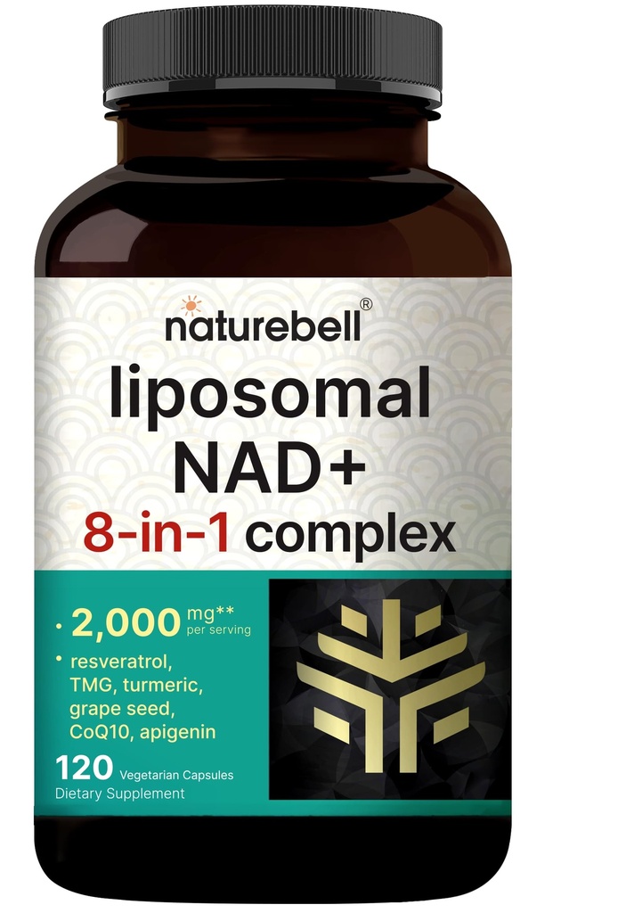 NatureBell Liposomal NAD+ 8-in-1 Complex 2000mg** Per Serving, 120 Vegetarian Capsules – NAD Resveratrol Supplement with TMG, CoQ10, Turmeric, Grape Seed & Apigenin – Non-GMO, cGMP Manufactured