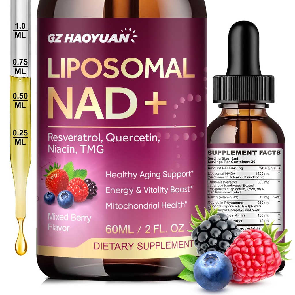 Liposomal NAD Supplement - 1200mg NAD+ Liquid Drops for Women & Men with Nicotinamide, Resveratrol, Quercetin, TMG, Black Pepper Extract - Brain & Cellular Mitochondrial Health, Anti-Aging, Longevity