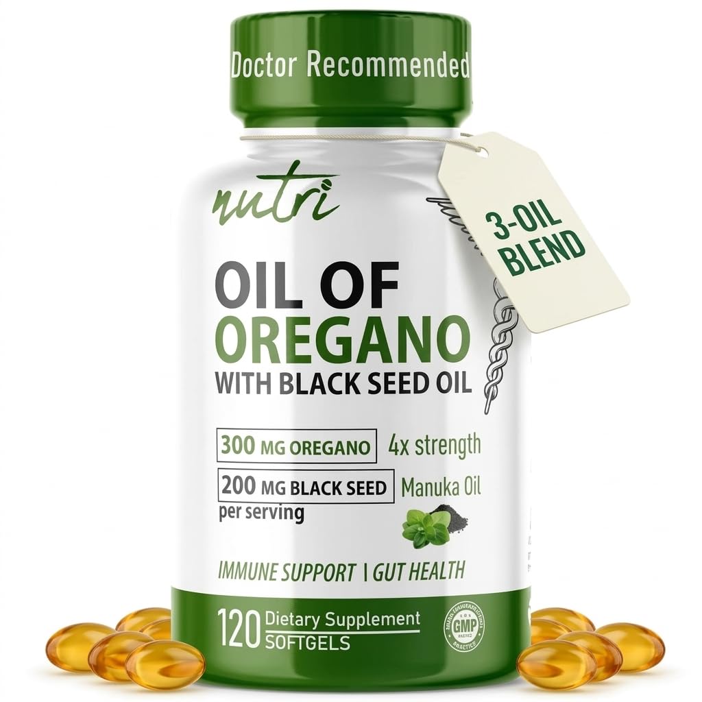 Nutri Oil of Oregano with Black Seed Oil and Manuka Oil Softgels, 505mg Extra Strength Oregano Oil Black Seed Oil Softgels Blend for Immune, Gut and Inflammatory Support Supplements (120 Count)