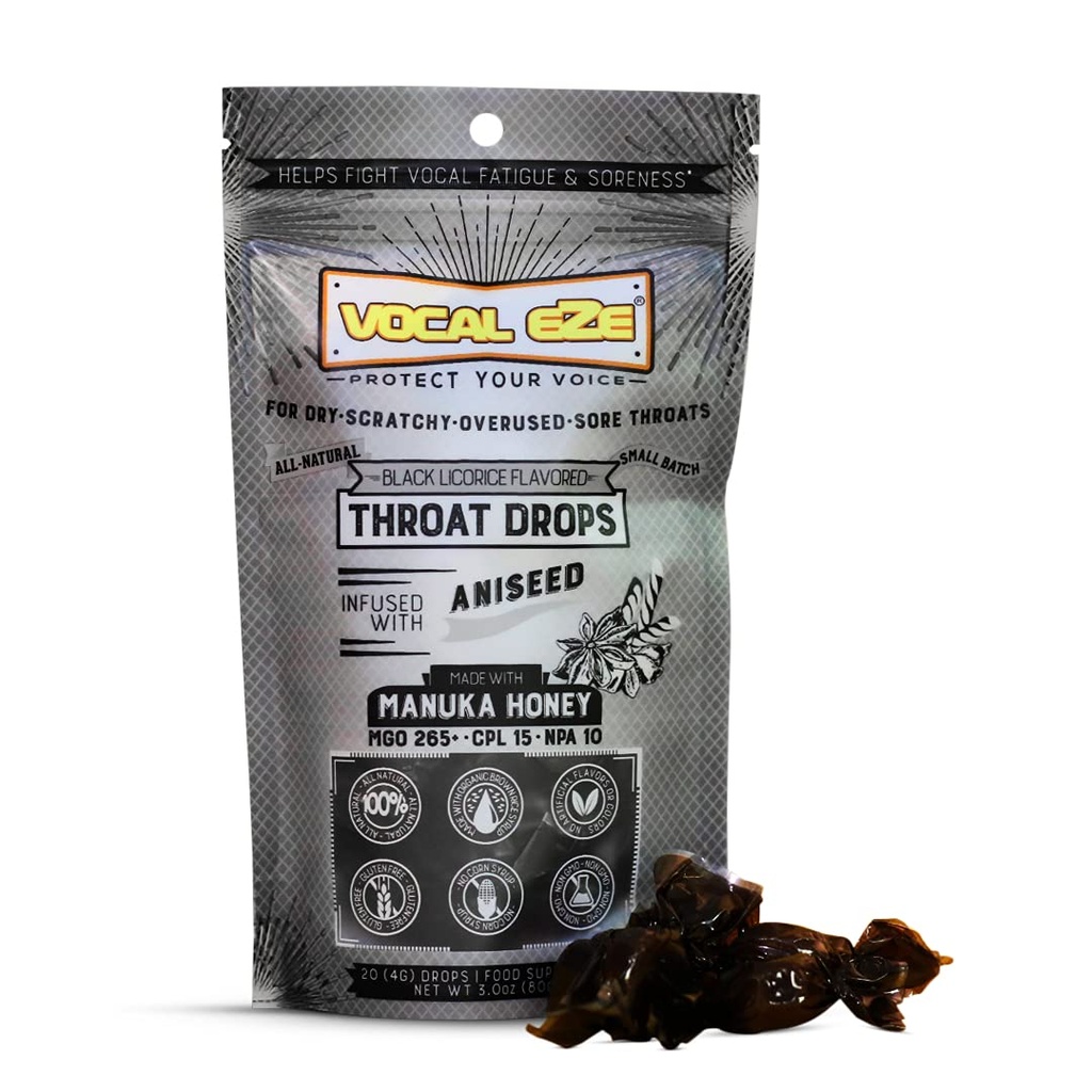 Vocal Eze Manuka Honey Aniseed UMF 10+ (MGO 265+) Menthol-Free Cough Drops (20) | Lozenges to Relieve Sore, Hoarse, Fatigue, Dryness of Throat | Voice Support, All Natural and Organic Ingredients