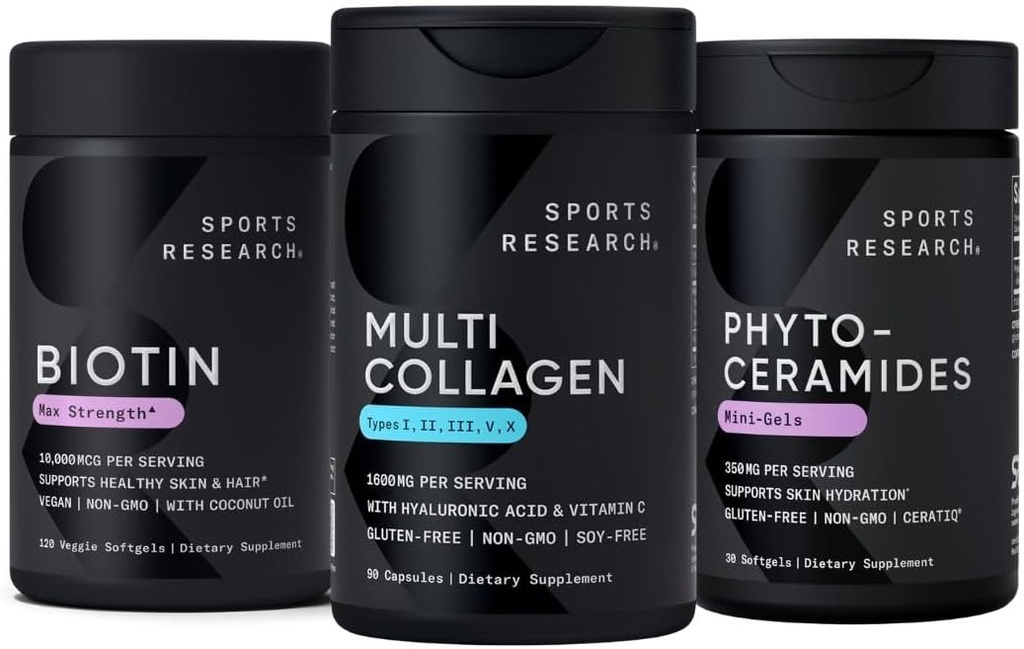 Sports Research Vegan Biotin 10.000mcg με λάδι καρύδας, χάπια πολλαπλών κολλαγόνων (Type I, II, III, V, X) Hydrolyzed Collagen Peptides with Hyaluronic Acid + Vitamin C & Phytoceramides 350mg per Softgel