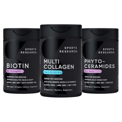 Sports Research® Women's Supplement Pack - Vegan Biotin 10,000mcg with Coconut Oil, Hydrolyzed Collagen Peptides with Hyaluronic Acid + Vitamin C & Phytoceramides 350mg per Softgel
