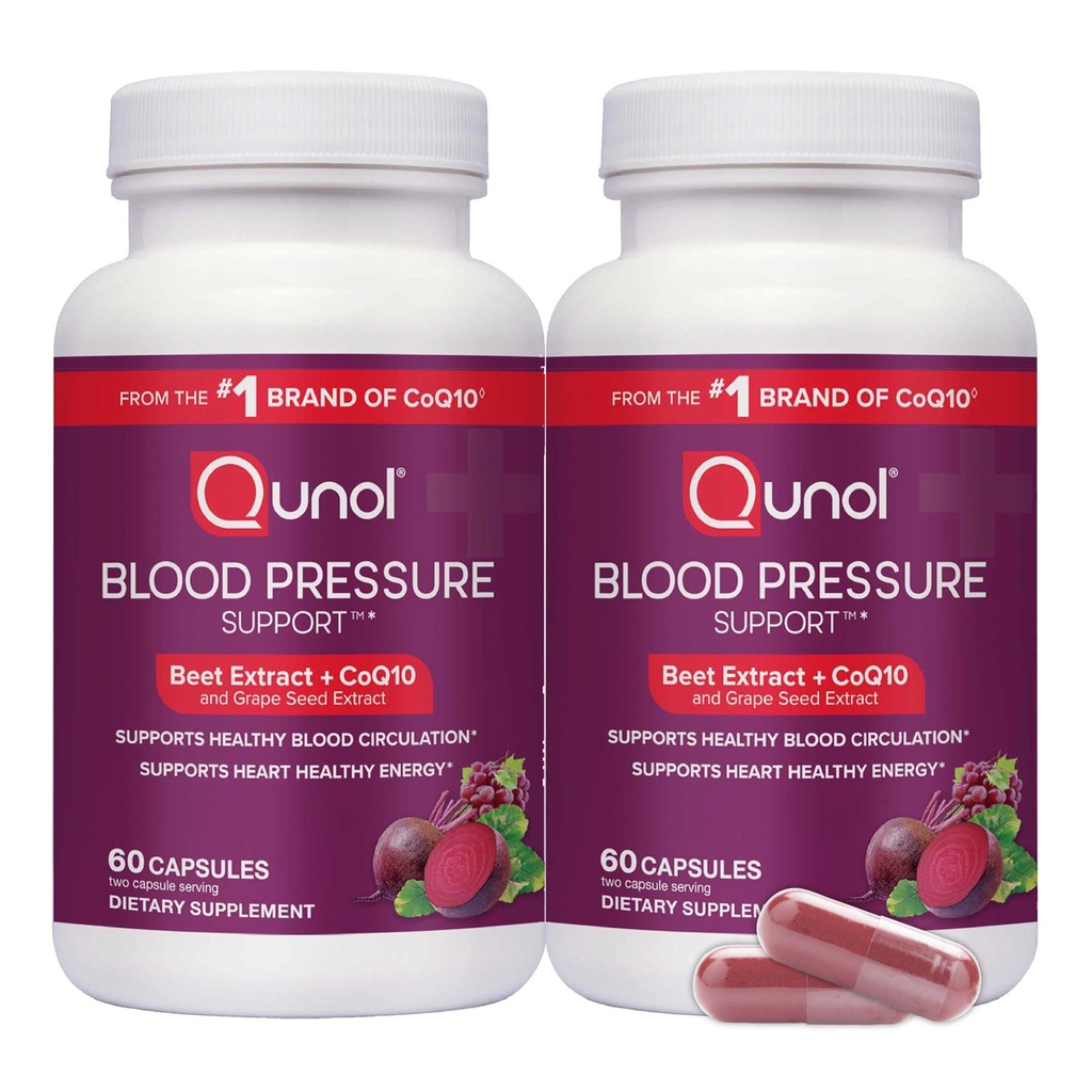 Qunol Blood Pressure Support, 3 in 1 Beets + CoQ10 + Grape Seed Extract, Beet Root Capsules that Supports Healthy Blood Circulation & Heart Healthy Energy, 60 Count (Pack of 2)