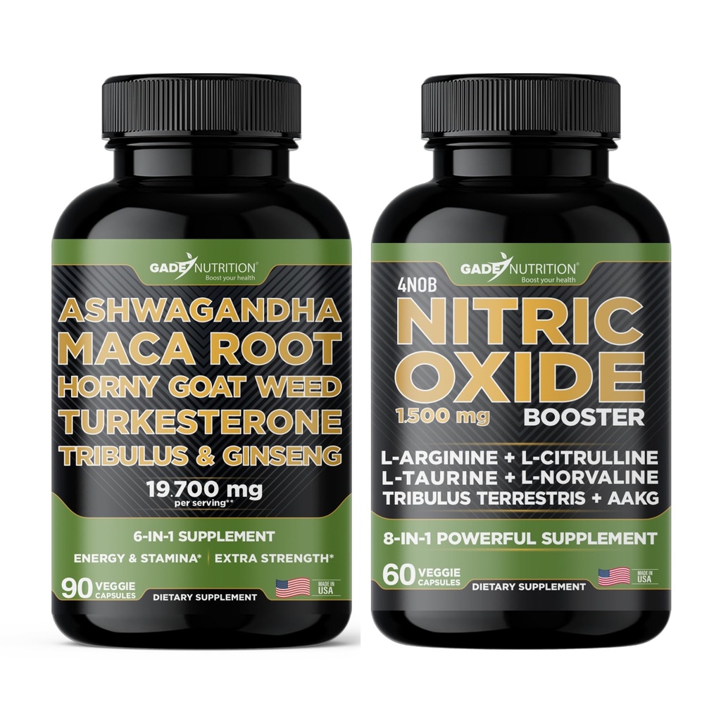 Gade Διατροφή Ashwagandha με ρίζα Maca, Horny Goat Weed, Turkesterone, Tribulus Terrestris, Panax Ginseng + Nitric Oxide Booster - Bundle for Energy, Vitality, Performance, Pump