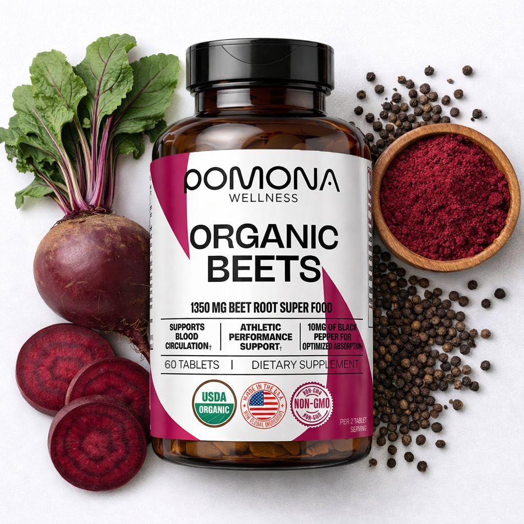 Pomona Wellness Beetroot Supplement Capsules 1350mg, Supports Blood Pressure, Heart Health, Circulation, Energy & Athletic Performance, USDA Organic Beetroot, Non-GMO, Vegan, 60 Tablets