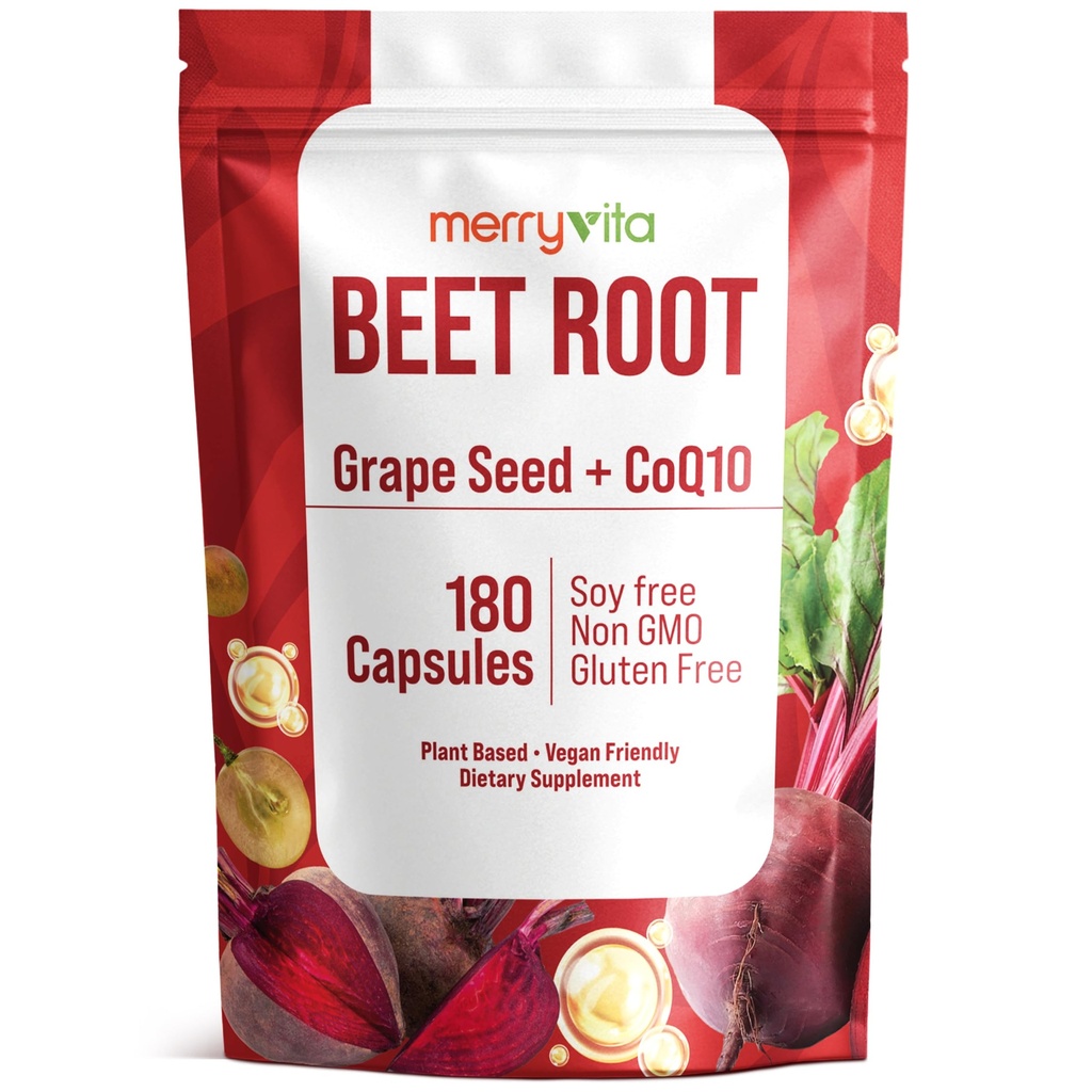 MERRY VITA Beet Root Capsules with Grape Seed & CoQ10 - Blood Pressure Support Supplement - Nitric Oxide Booster - Super Beets Supplement for Heart, Energy, Circulation - 180 Vegan Capsules, Non GMO