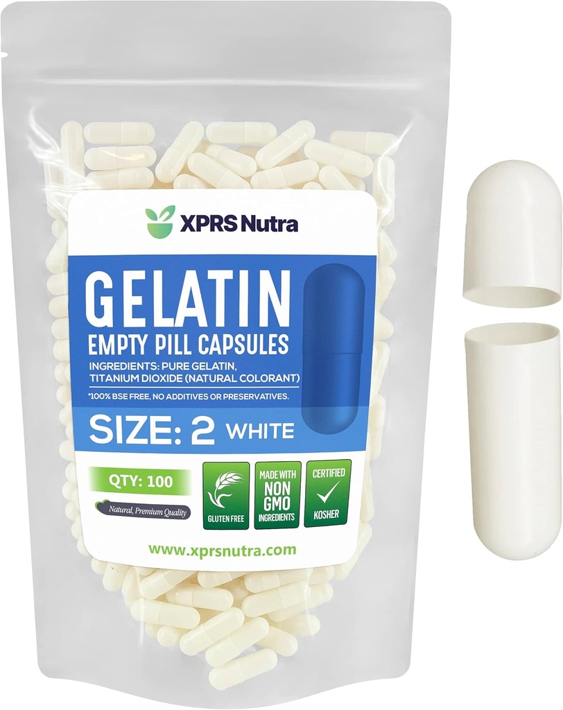 XPRS Nutra Μέγεθος 2 Κενές κάψουλες - 100 Count Empty Gelatin Κάψουλες - Χάπια DIY Καψάκιο Γέμισμα - Pure Bovine Pill Gel Caps for Do-It-Yourself Συμπληρώματα (White)
