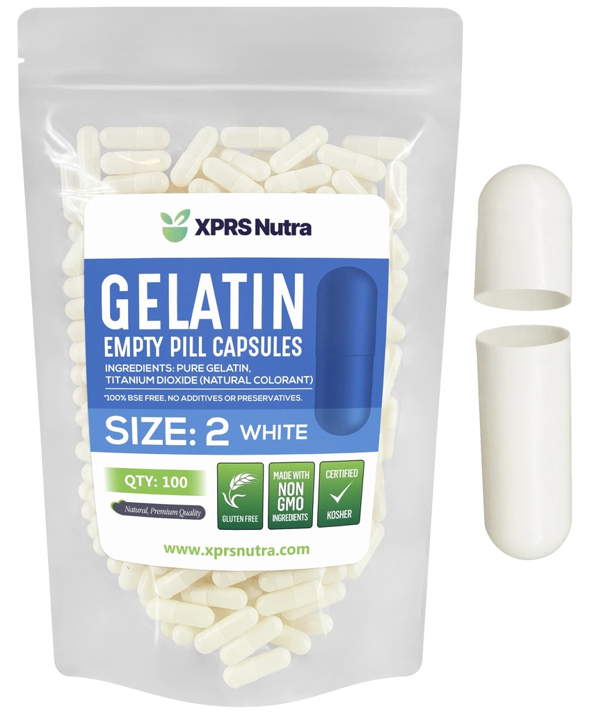 XPRS Nutra Μέγεθος 2 Κενές κάψουλες - 100 Count Empty Gelatin Κάψουλες - Χάπια DIY Καψάκιο Γέμισμα - Pure Bovine Pill Gel Caps for Do-It-Yourself Συμπληρώματα (White)
