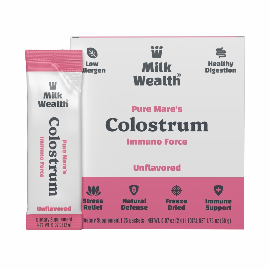 Pure Mare Colostrum Powder 50g | Freeze-Dried Supplement | Gut Health & Immune Support | Unflavored, IgG | Alternative to Bovine Colostrum | 25 Single-Serve Packets (2g Each)