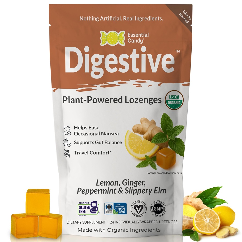 Digestive Blend Functional Lemon Ginger Lozenges for Nausea, Stomach Settle Support & Travel Sickness with Peppermint & Slippery Elm Plant-Based Lozenges 24 Ct. Made in USA