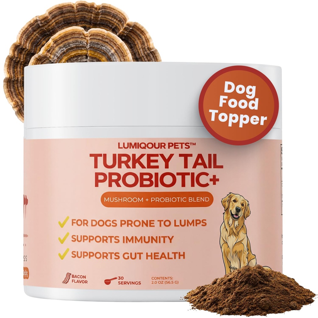 Turkey Tail Mushroom for Dogs – Turkey Tail Mushroom Powder with Probiotics for Immune and Digestive Support, Supports Lumps and Bumps, Bacon Flavored Daily Dog Supplement