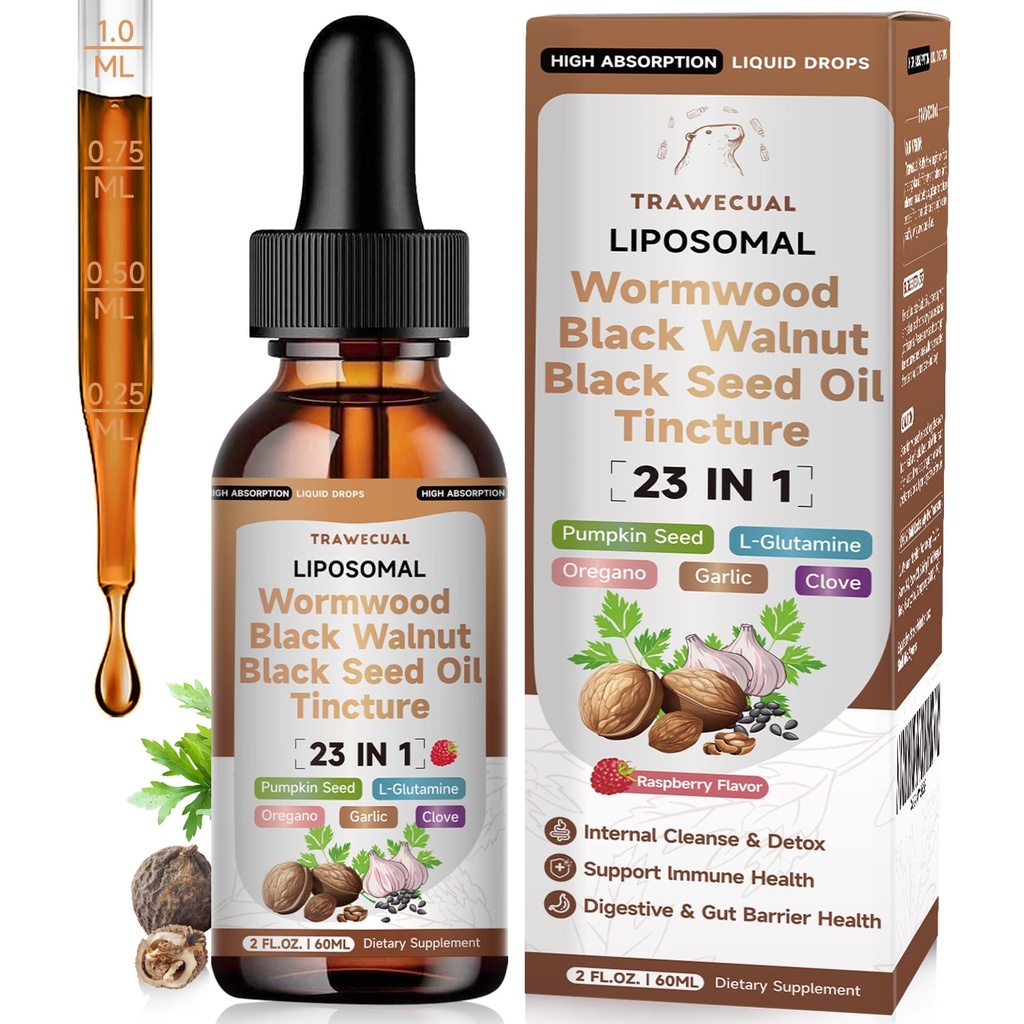 Black Walnut Wormwood Black Seed Oil Cleanse for Humans, 23-in-1 Gentle Gut Detox & Digestive Health Support with Clove, Pumpkin Seed, Oregano, Soursop, Berberine, Neem, Slippery Elm, Liposomal, 2FL