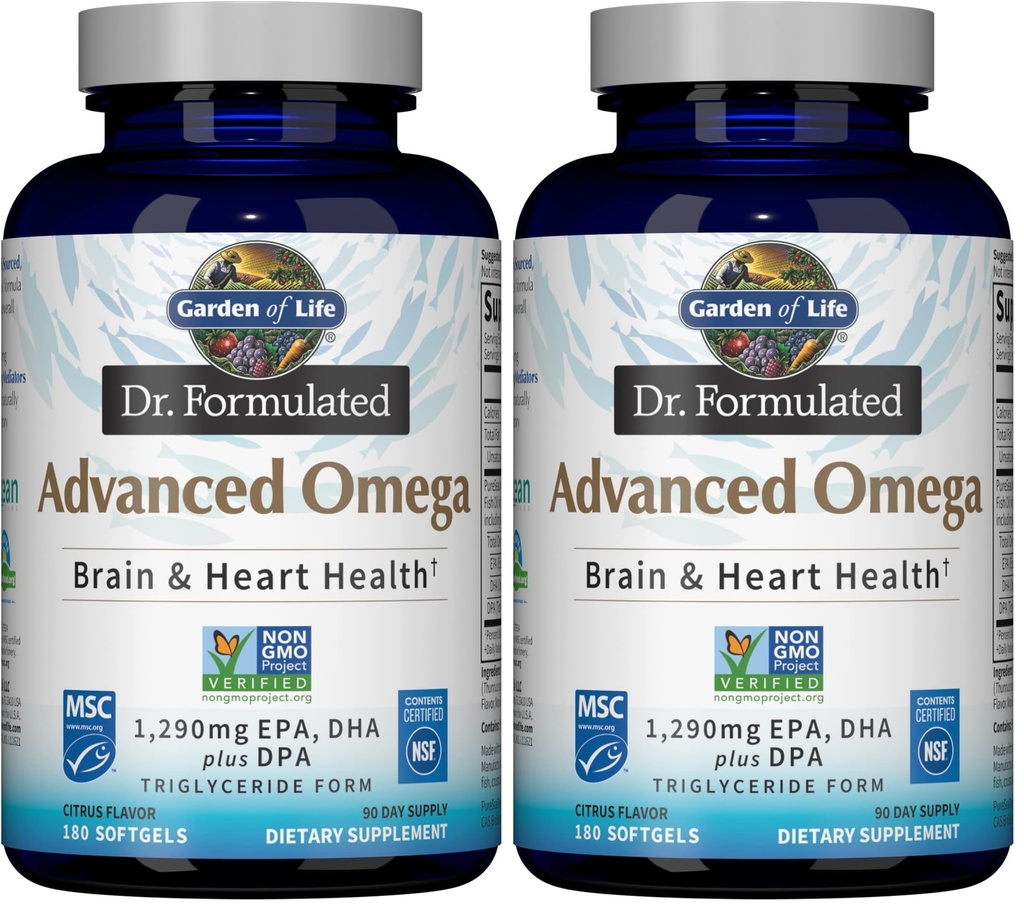 Garden of Life Dr. Formulated Advanced Omega Fish Oil - Lemon,1,290mg EPA,DHA + DPA in Triglyceride Form,Source Omega 3 Supplement for Ultimate Brain & Heart Health,Non-GMO,180 Softgels,(Pack of 2)