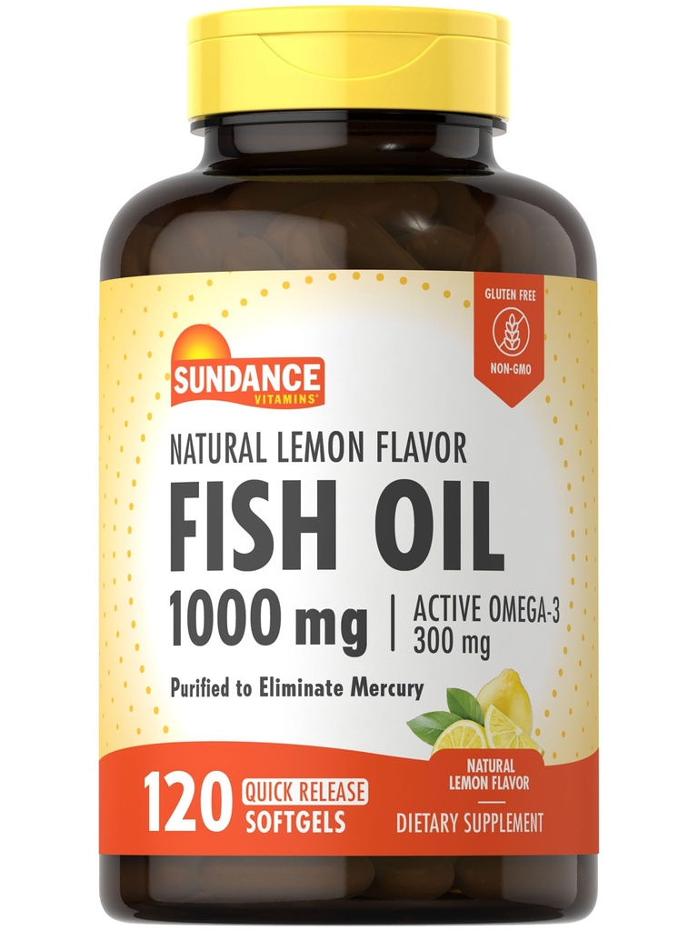 Sundance Fish Oil Softgels 1000mg | 120 Count | Purified to Eliminate Mercury | with 300mg Active Omega-3 | Natural Lemon Flavor | Non-GMO and Gluten Free Supplement