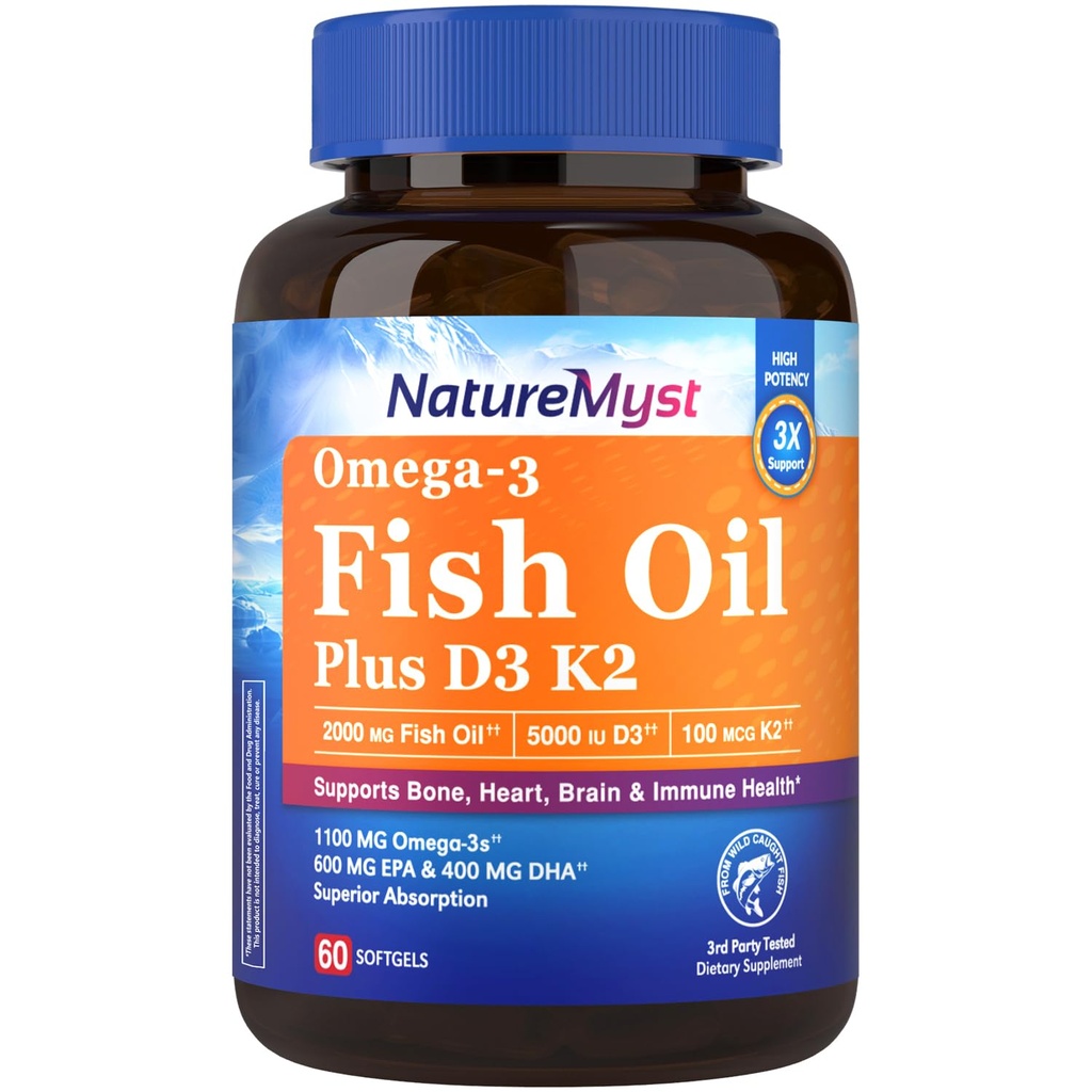Omega-3 Fish Oil 2000 mg, Vitamin D3 K2 (MK-7), 1100 mg Omega-3 Supplements for Women & Men, 600 mg EPA, 400 mg DHA, Bone, Heart, Brain & Immune Health, 60 Softgels