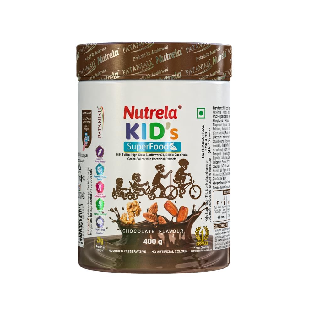 Nutrela Kids Protein Powder, Chocolate Flavour, 400g, Memory and Brain Development, Muscle Mass, Bone and Teeth Strength