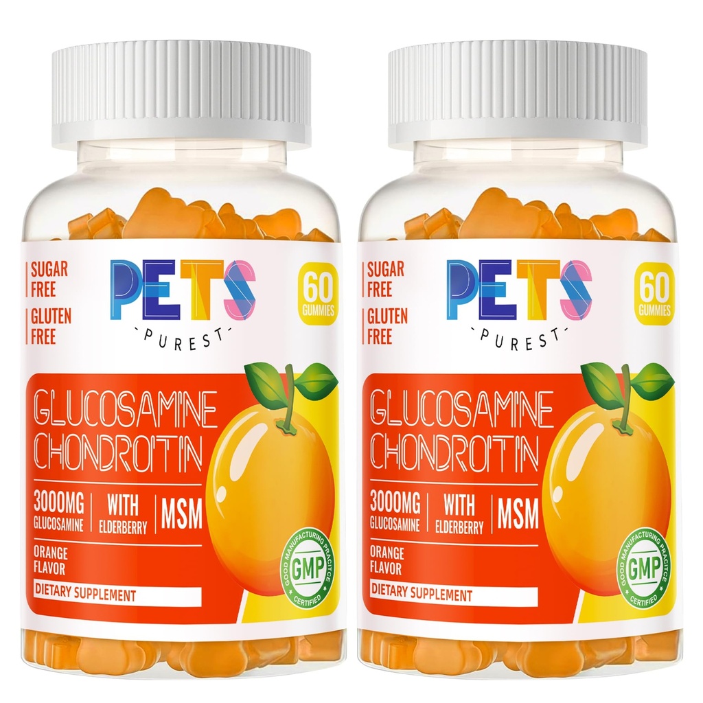 Pets Purest Glucosamine Chondroitin Gummies with MSM & Elderberry Extra Strength - Joint Support, Antioxidant Immune Support Supplement for Adults, Men & Women.(2 Pack) Orange