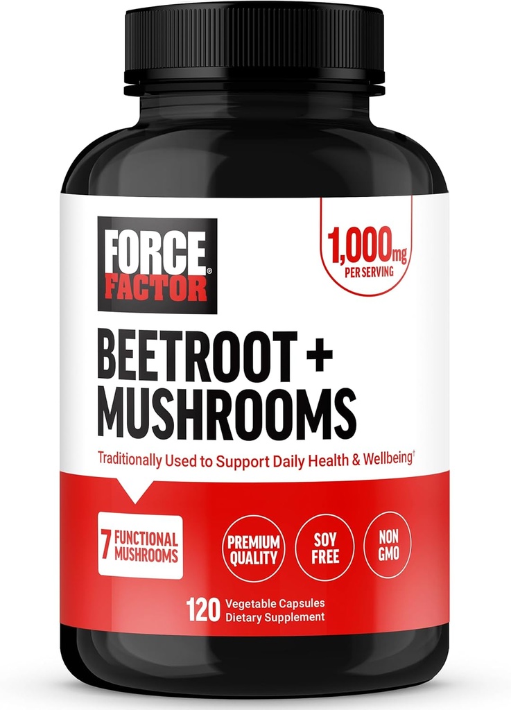 FORCE FACTOR Beetroot + Μανιτάρια συμπλήρωμα για τη Μεγάλη Υγεία, Κάψουλες ρίζας τεύτλων με 7 Λειτουργικά Μανιτάρια, Μανιτάρια του Λέοντος, Κορδύποδες, & More, Χωρίς σόγια, Μη ΓΤΟ, 120 κάψουλες